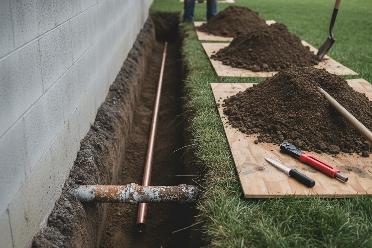 Excavated water line trench during Water Softener Installation in Hominy